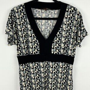 Cassis Top Blouse Size L Black Gray Short Kimono Sleeve V Neck Stretch Poly Span